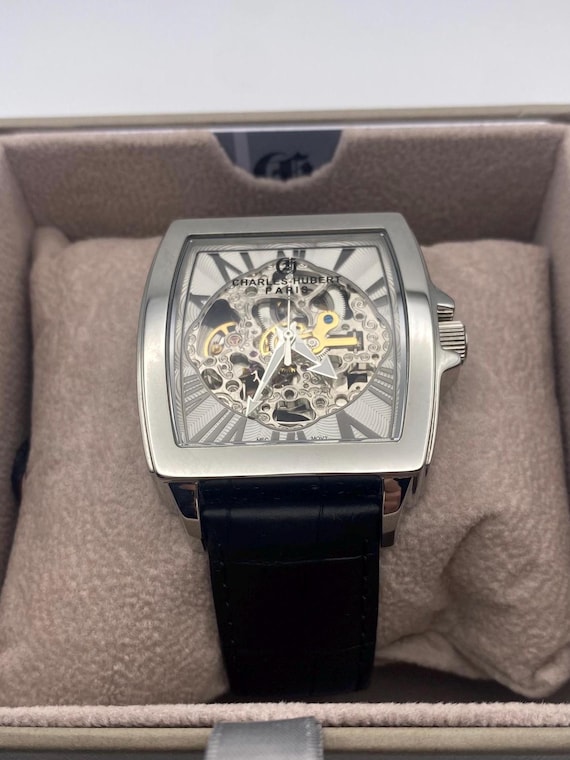 Men's wrist watch stainless steel Charles Hubert Paris black leather strap skeleton dial automatic