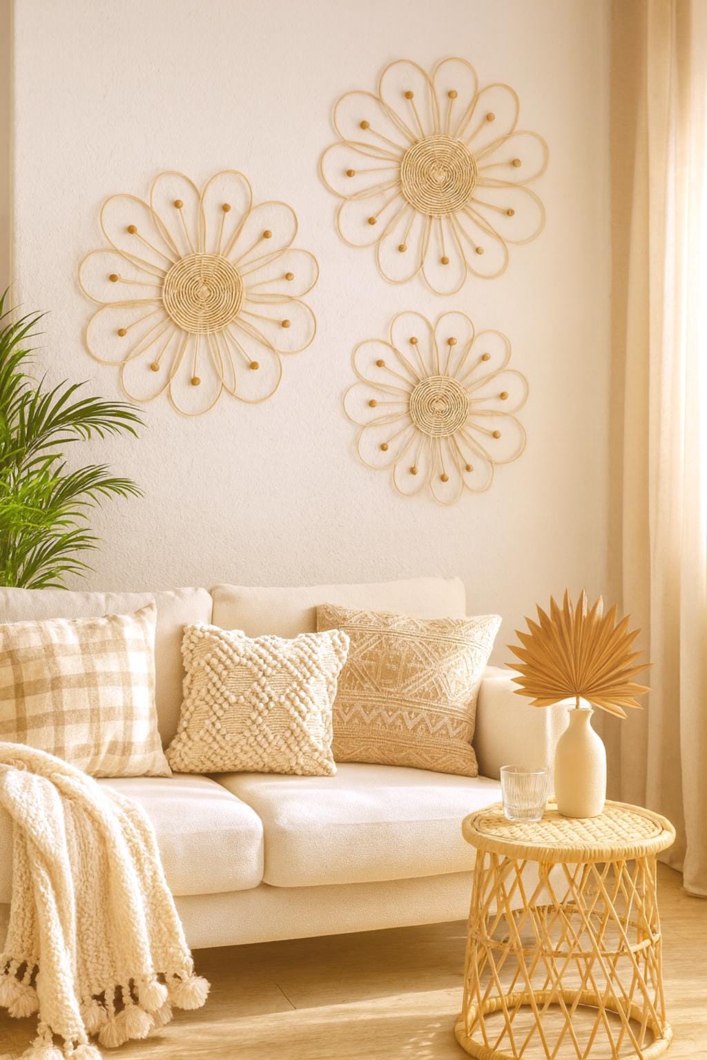 Boho Rattan Flower Wall Decor Set – 3 Piece Wicker Daisy Wall Art (35cm ...