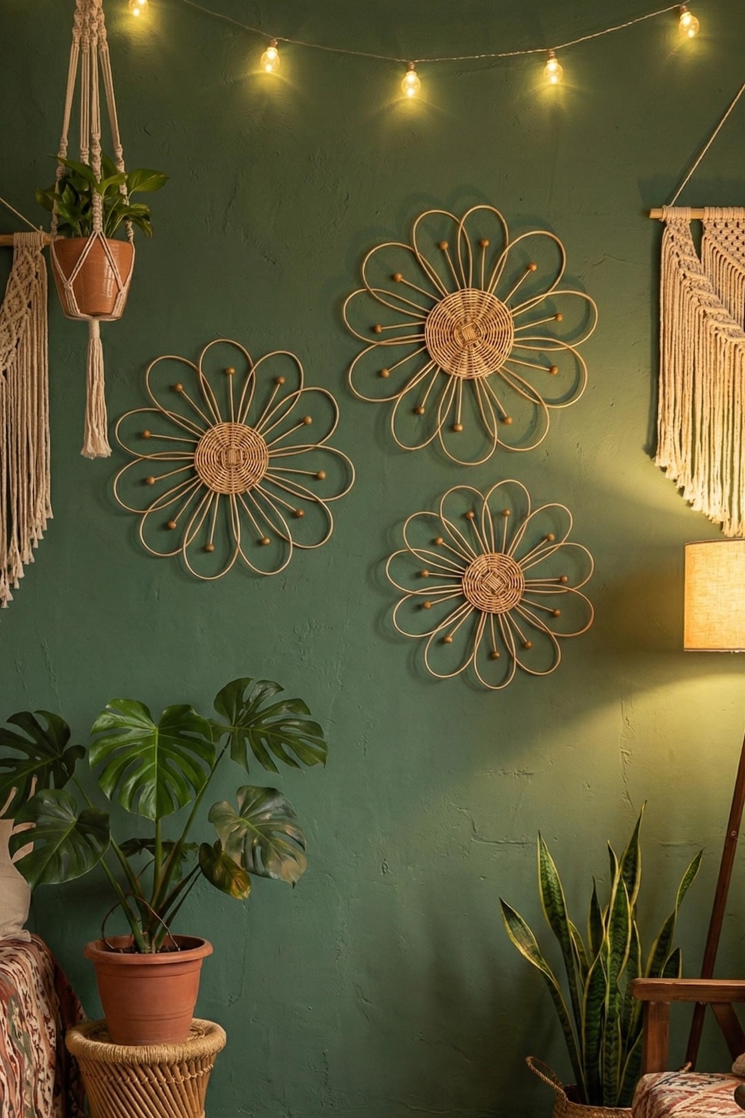 Boho Rattan Flower Wall Decor Set – 3 Piece Wicker Daisy Wall Art (35cm ...