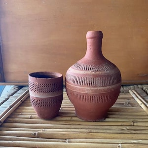 Handmade Clay Water Bottle and Cup Set, Terracotta Pottery Jug with Tumbler, Rustic Earthenware for Home Decor or Kitchen Gift Set or Decor