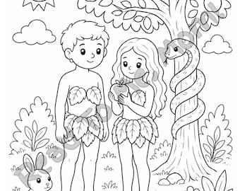 Pagina da colorare di Adamo ed Eva / Storia biblica stampabile per bambini / Attività sul Giardino dell'Eden / Foglio da colorare per la scuola domenicale