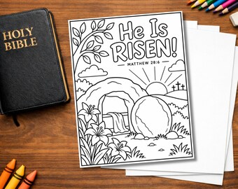 He Is Risen Coloring Page for Kids, Christian Easter Printable, Jesus Resurrection Coloring Page, Empty Tomb Bible Activity