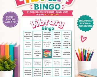 子供向け図書館ゲーム | 印刷可能な図書館ビンゴ | 4～10歳のお子様向け読書チャレンジアクティビティ | PDF即時ダウンロード