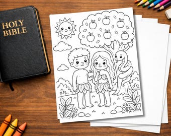 Pagina da colorare di Adamo ed Eva per bambini / Disegno biblico da colorare / Giardino dell'Eden stampabile / PDF per la scuola domenicale