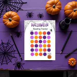 May include: A Halloween-themed reading tracker with a purple and orange color scheme. The tracker features a grid of circles for tracking progress, with the word "Halloween" at the top. Decorative pumpkins, spiders, and spiderwebs surround the tracker.