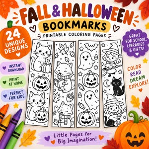 May include: A set of 24 printable coloring bookmarks featuring Fall and Halloween themes. The designs include cats, pumpkins, ghosts, foxes, and witches. The text reads FALL & HALLOWEEN BOOKMARKS, 24 UNIQUE DESIGNS, and Little Pages for Big Imagination.