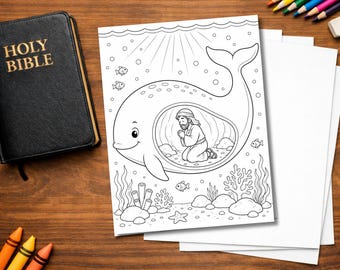 Jonah and the Whale Coloring Page | Printable Bible Coloring Sheet | Christian Activity for Kids | Sunday School & Homeschool PDF