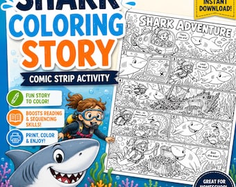 Shark Coloring Page Story | Printable Shark Activity for Kids | Comic Strip Coloring Page | Shark Themed Printable