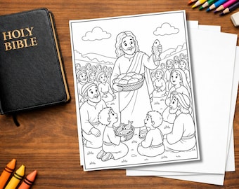 Jesus Feeds 5000 Coloring Page | Loaves and Fish Bible Story Printable | Christian Kids Activity | Sunday School Lesson