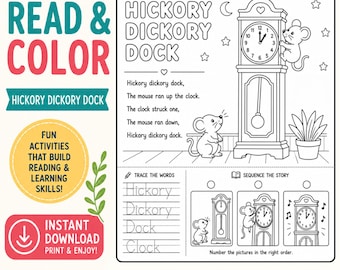 Nursery Rhyme Coloring Page | Hickory Dickory Dock Activity | Preschool Printable | Sequencing Worksheet | Kindergarten Literacy