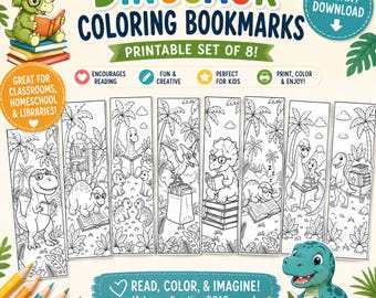 Dinosaur Coloring Bookmarks | Kids Bookmark Craft | Reading Reward Printable | Homeschool Activity | Classroom PDF