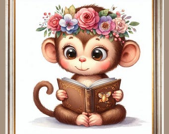 Reading Monkey Nursery Print: Bookish Jungle Animal Art (Digital Download)