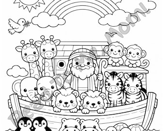 Pagina da colorare dell'Arca di Noè / Storia biblica stampabile, attività per la scuola domenicale (download digitale)