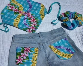 Palaka Gal Outfit | Up-cycled Denim Shorts, Cross Back Bandana Top, & Hair Scrunchie (Women’s Size 6 - S/M)