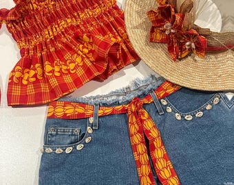 Palaka Girl 3-piece Set | Up-cycled Denim Shorts, Baby Doll Tank Top, & Papale Hat