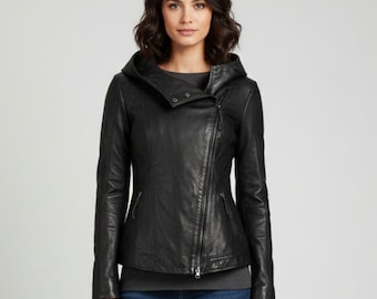 Chaqueta de cuero negra original para mujer con capucha / Chaqueta de moto asimétrica de piel de cordero auténtica