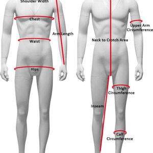 May include: Diagram illustrating body measurements on a mannequin. Red lines indicate areas for measuring shoulder width, chest, arm length, waist, hips, upper arm circumference, neck to crotch area, inseam, thigh circumference, and calf circumference. Text at the top reads "Body Measurements."