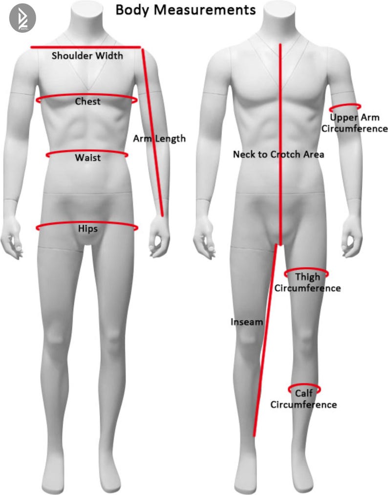 May include: Diagram illustrating body measurements on a mannequin. Red lines indicate areas for measuring shoulder width, chest, arm length, waist, hips, upper arm circumference, neck to crotch area, inseam, thigh circumference, and calf circumference. Text at the top reads "Body Measurements."