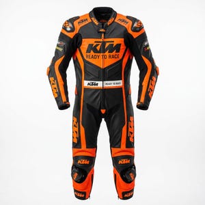 Puede incluir: Un traje de carreras de moto de cuero negro y naranja con el logotipo de KTM y el texto READY TO RACE en el pecho. El traje incluye armadura protectora en hombros, codos y rodillas, con marcas adicionales en las mangas y las piernas.