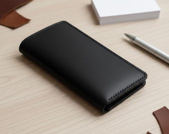 Handmade Black Leather Long Wallet – Slim Minimalist Design