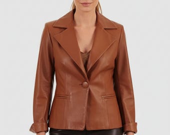 Classic Brown Leather Blazer for Women | Tailored Fit | Genuine Leather Coat