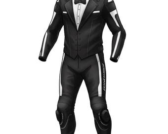 Tuxedo Style Motorcycle Leather Suit - Black & White Biker Racing Gear Two Piece