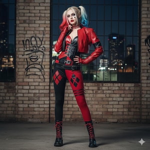 May include: A red and black costume with a cropped red jacket, corset, and leggings with diamond patterns. The outfit includes black boots with red laces. The background features a brick wall and a city skyline.