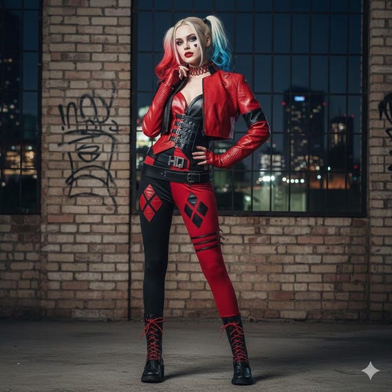 Handmade Harley Quinn Leather Costume Set – Red & Black Cosplay Outfit
