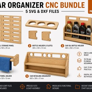 May include: A CNC bundle for car organisation, including five projects. The image shows a wall storage panel, bottle holder, car oil bottle holder, car towel holder, and detailing organiser. The dimensions are in centimetres.