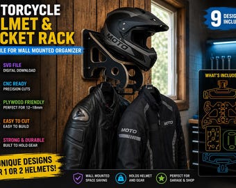 Motorcycle Helmet Jacket Rack CNC File | Angled Wall Mount Organizer (Digital Download)