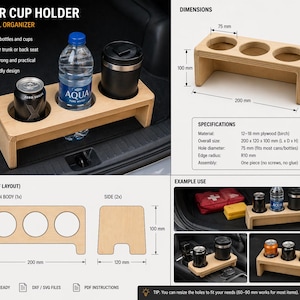 Puede incluir: Portavasos de coche de madera con tres orificios circulares. Mide 20 x 12 x 10 cm y está diseñado para latas y botellas. Fabricado en contrachapado de abedul, es adecuado para el maletero o el asiento trasero.