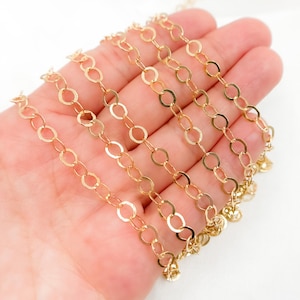 14K Gold Filled Flat Round Link Chain, Trending Chain for Permanent Jewelry, Flat Cable Chain by Foot. 679FGF
