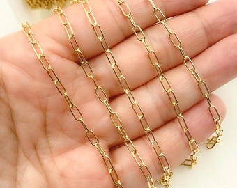 Cadena de clip de papel chapada en oro de 14k por metro, 6 eslabones de clip de papel de 2 mm, cadena sin acabado para la fabricación de joyas. 2505GF