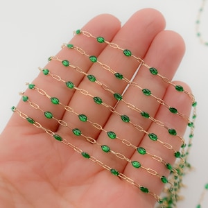 14K Gold-Filled Cable Chain with Green Enamel — Beaded Chain for Permanent Jewelry, Sold by the Foot. V250GRGF