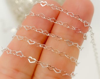 Sterling Silver Flat Heart Link Chain, Jewelry Making Supply. A35F/SPSS