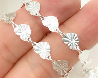925 Sterling Silver Diamond Cut Heart Link Chain, Sold by Foot. V134SS