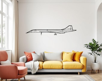 May include: A black metal wall art piece showing a Concorde aircraft. The artwork is mounted on a white wall above a yellow and grey sofa. The airplane's design is a simple outline.
