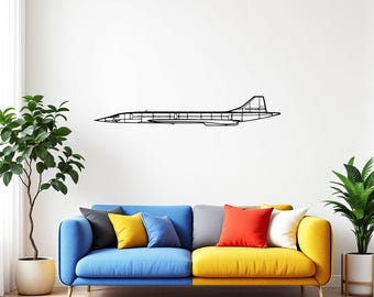 May include: A black metal wall art piece showing the outline of a supersonic jet. The artwork is mounted on a white wall above a colourful sofa with blue, yellow, and grey sections, and a patterned rug.