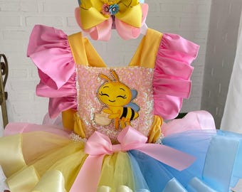Pelele tutú de abeja para bebé niña, conjunto para sesión de fotos de primer cumpleaños con pastel, fiesta temática de abejas.