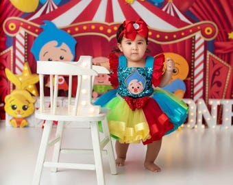 Conjunto de tul y tutú de payaso personalizado: disfraz de cumpleaños personalizado para niña desde 6 meses a 24 meses (Plim, circo)