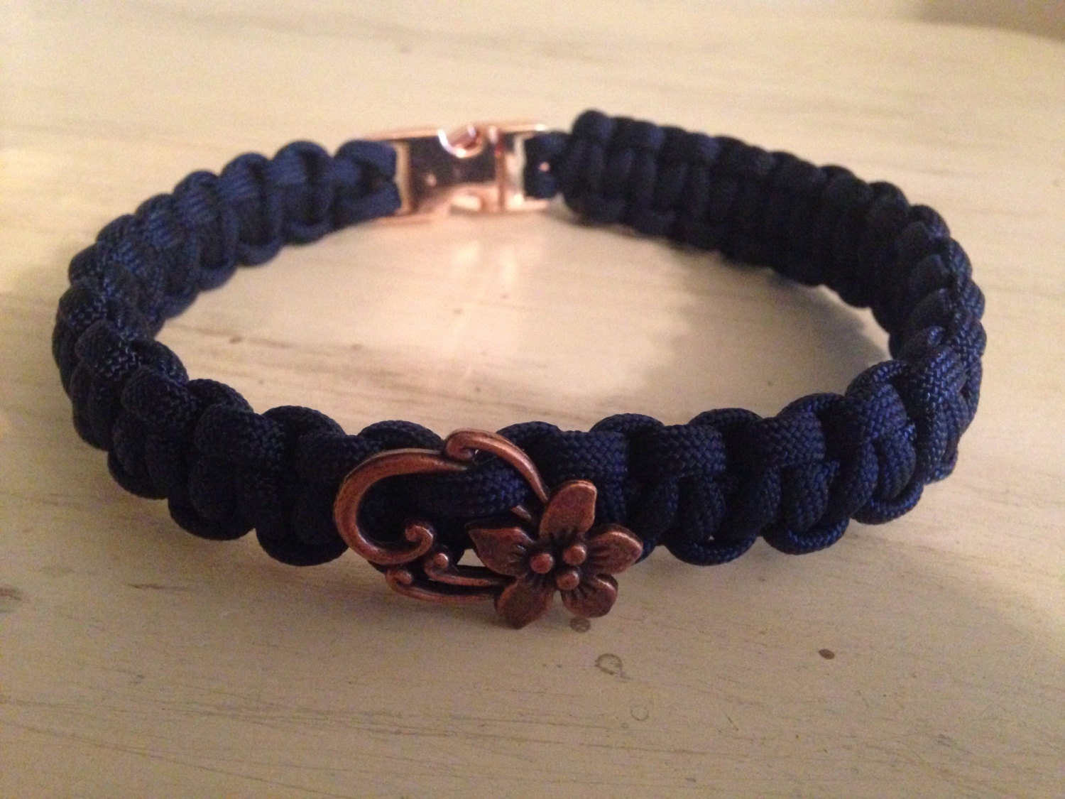 Navy Paracord 550 Choker Necklace With a Copper Flower Pendant and Rose
