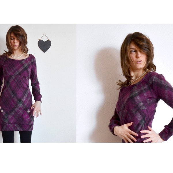 RESERVED Purple checks wool mini jumper dress with pockets