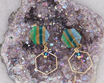Summer Luxe Double Hexagon Marble Polymer Clay Dangle Earrings