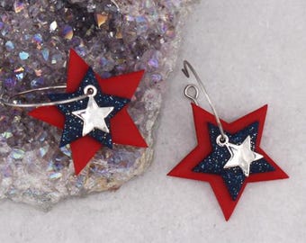 Patriotic Red, White & Blue Triple Star Polymer Clay Hoop Earrings
