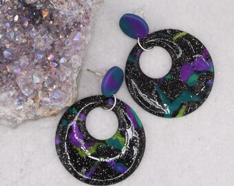 Retro Hoop Black Galaxy Polymer Clay Dangle Earrings