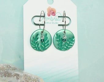 Shimmery Teal Plant Impression Polymer Clay Hoop Earrings