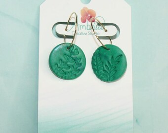Matte Green Plant Impression Polymer Clay Hoop Earrings