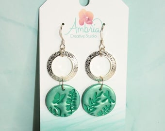 Silver Ring Shimmery Teal Impression Polymer Clay Dangle Earrings