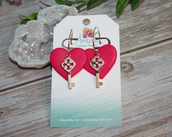 Valentine Hot Pink Heart & Gold Key Polymer Clay Hoop Earrings
