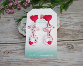 Valentine Hot Pink Heart X's & O's / Hugs and Kisses Polymer Clay Dangle Earrings